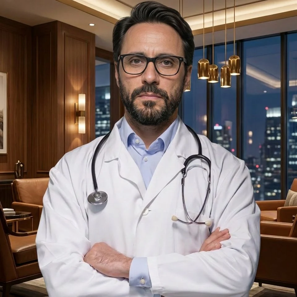 Dr. Hugo Ferreira de jaleco e estetoscópio